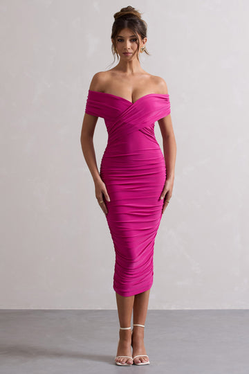 Unwrapped Dark Pink Ruched Twist Bardot Midi Dress